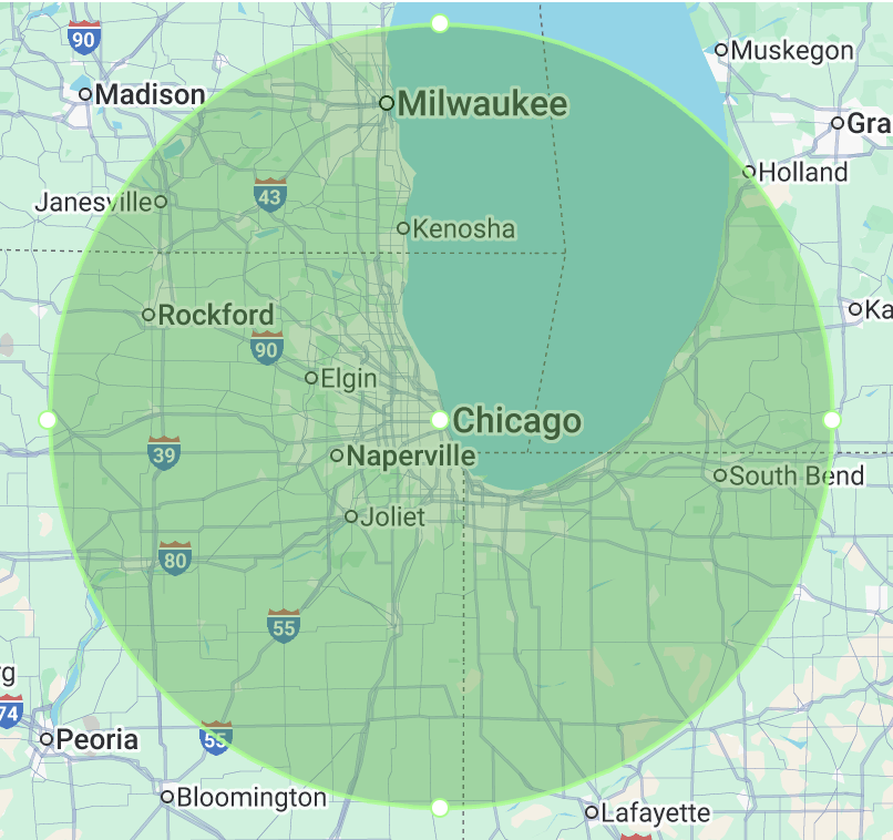 Map showing Dr. Samantha Wlazlo's travel radius around Chicago